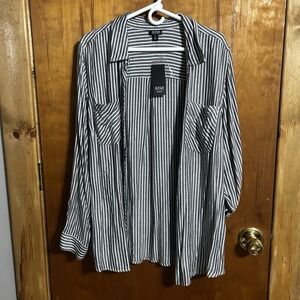 A.N.A. Womens 1X Black White Striped Long Sleeve Button Down Shirt Cotton NWT
